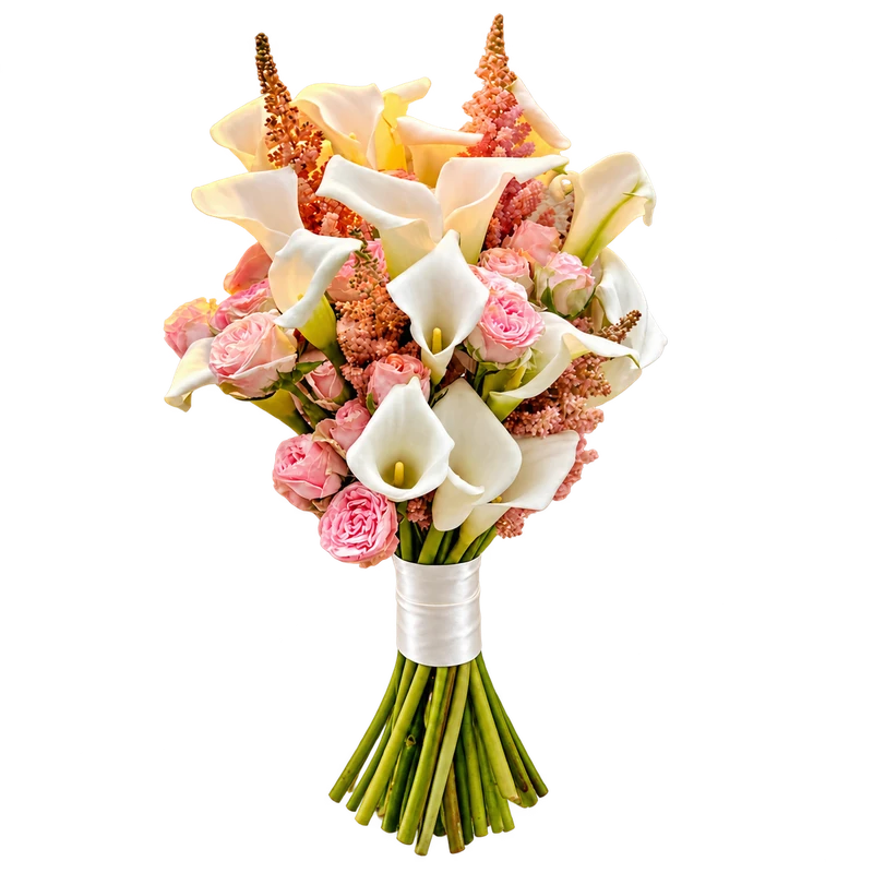 Brudebuket med hvide calla, rosa roser og astilbe